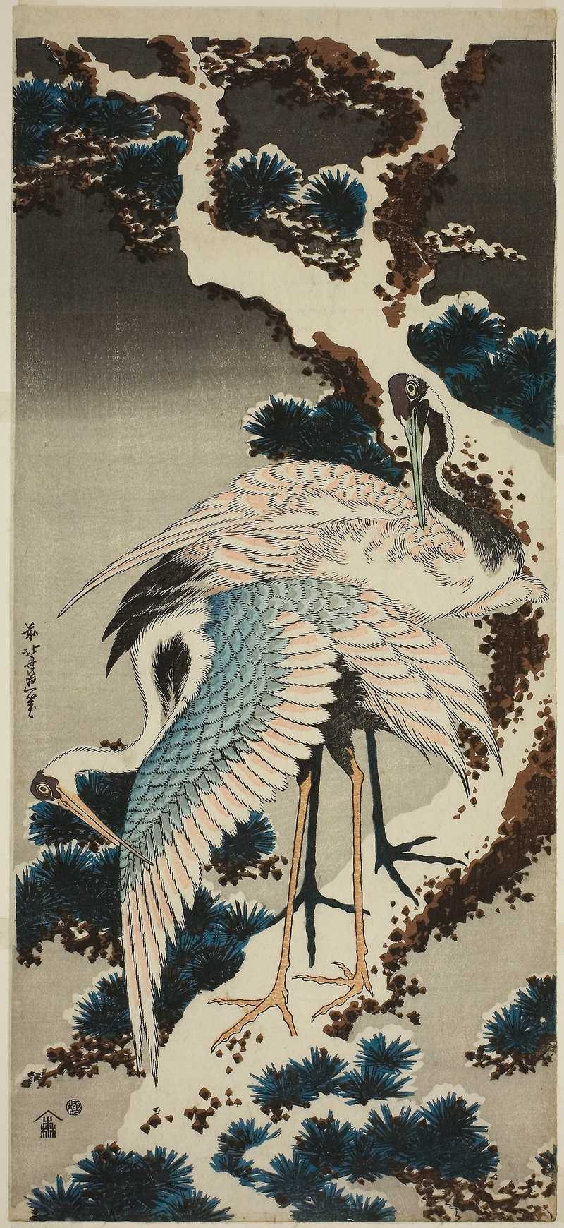 Cranes on snow-covered pine 1834